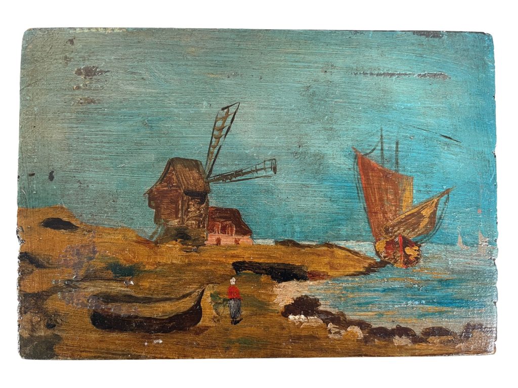 Antique French Beach Sea Sand Dunes Boat Windmill “Daily Bread” Oil Painting On Wood Board Wall Decor Decoration c1900’s