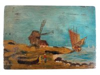 Antique French Beach Sea Sand Dunes Boat Windmill "Daily Bread" Oil Painting On Wood Board Wall Decor Decoration c1900's