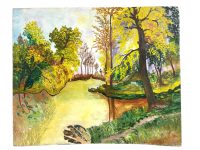 Vintage French River Lake Woodland Painting Acrylic Skyline Bushes Trees Field Scenic Countryside On Wood Board c1970's