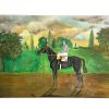 Vintage French Horse Racing Rider Painting Acrylic Skyline Bushes Trees Race Track Scenic Countryside On Wood Board c1970's