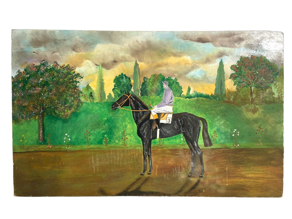 Vintage French Horse Racing Rider Painting Acrylic Skyline Bushes Trees Race Track Scenic Countryside On Wood Board c1970's