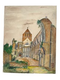 Vintage French Ruined Bombed Church Cathedral Painting Acrylic Trees Countryside On Wood Board Poulain c1962