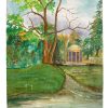 Vintage French Garden Pagoda Painting Acrylic Trees Countryside On Wood Board c1960-70's