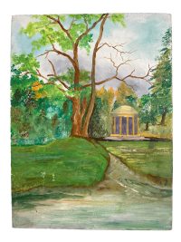 Vintage French Garden Pagoda Painting Acrylic Trees Countryside On Wood Board c1960-70's