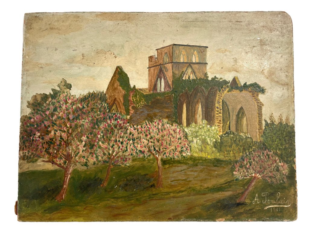 Vintage French Ruined Bombed Church Cathedral Painting Acrylic Trees Countryside On Wood Board Poulain c1961