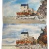 Vintage French Chapel Church By The Sea Painting Acrylic Trees Seaside On Wood Board Double Take Poulain c1970's
