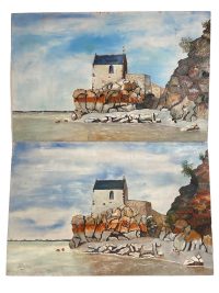 Vintage French Chapel Church By The Sea Painting Acrylic Trees Seaside On Wood Board Double Take Poulain c1970’s