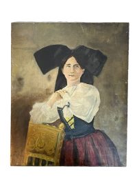 Antique French Girl From Alsace Portrait By George Rider Oil Painting On Canvas Traditional Wear circa 1914