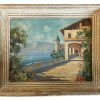 Vintage Italian Lake Como Sailing Boats Trees Tree Church Painting On Canvas circa 1950-60's