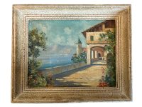 Vintage Italian Lake Como Sailing Boats Trees Tree Church Painting On Canvas circa 1950-60's