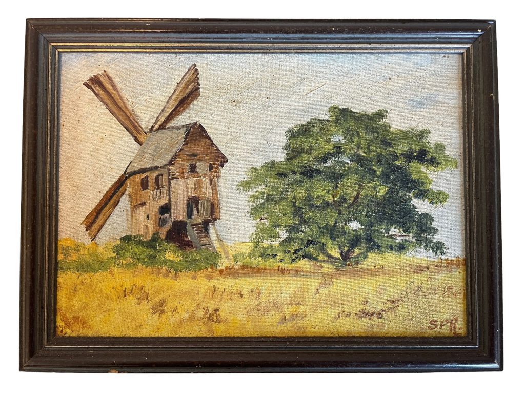 Vintage French Besuce Windmill Mill Normandy Tree Corn Wheat Oil Painting On Canvas Normandy circa 1988