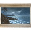 Vintage French Seaside Coastal Sea Moon Moonlight Seaside Acrylic Painting On Hardboard Wall Decor circa 1960-70's