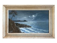 Vintage French Seaside Coastal Sea Moon Moonlight Seaside Acrylic Painting On Hardboard Wall Decor circa 1960-70's