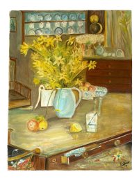 Vintage French Yellow Flowers Daffodils Acrylic Painting On Canvas Signed Bornot Still Life circa 1996