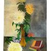 Vintage French Yellow White Flowers Books Oil Painting On Board Still Life circa 1960-70's