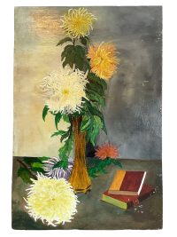 Vintage French Yellow White Flowers Books Oil Painting On Board Still Life circa 1960-70’s