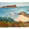Vintage French Seaside Coastal Sea Poppy Sailing Boat Seaside Acrylic Painting On Hardboard Wall Decor circa 1960-70's