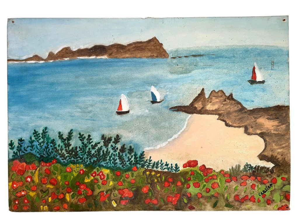 Vintage French Seaside Coastal Sea Poppy Sailing Boat Seaside Acrylic Painting On Hardboard Wall Decor circa 1960-70’s