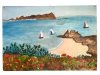 Vintage French Seaside Coastal Sea Poppy Sailing Boat Seaside Acrylic Painting On Hardboard Wall Decor circa 1960-70's