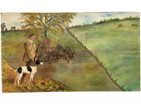 Vintage French Hunting Hunter Dog Fields Countryside Oil Painting On Board circa 1960-70's