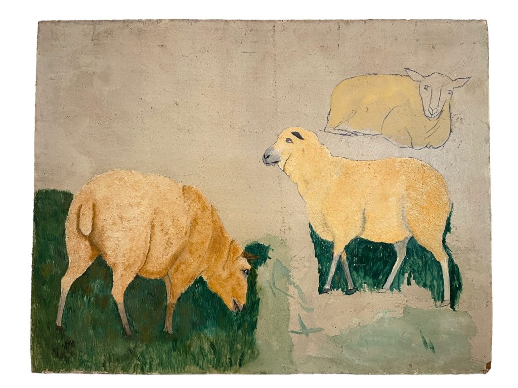 Vintage French Sheep Lamb Study Acrylic Painting On Board Art Picture Wall Hanging Art c1960-70’s