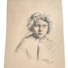 Vintage French Pastel Portrait Painting Drawing On Paper Girl In Bonnet Art c1930-40's