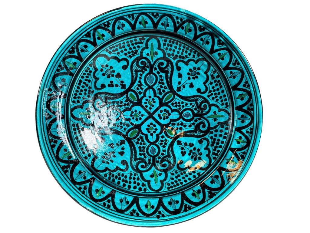Vintage Moroccan Safi Aqua Blue Black Large Serving Bowl Dish Plate Wall Hanging Ornament Decor Design Terracotta c1980-90’s