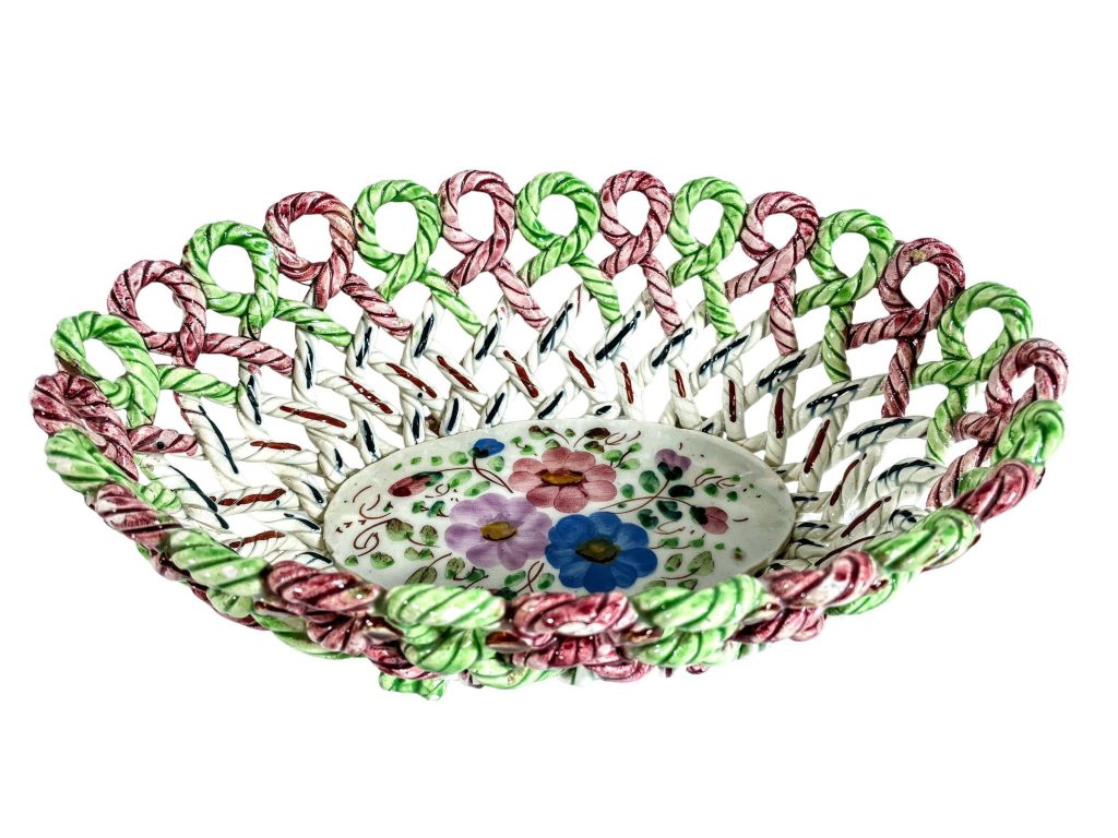 Vintage Spanish Bowl Rope Lattice Green White Red Flowers Ceramic Fruit Bread Bowl Serving Dish Display Presentation circa 1970’s