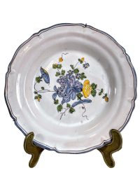 Vintage French Decorative Faience Plate Hand Made Painted Blue Yellow White Flowers Signed Ceramic Dish Display c1960-70's