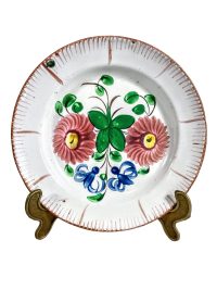 Vintage French Decorative Faience Plate Hand Made Painted Blue Red Green White Gold Flowers Ceramic Dish Display c1930-40’s