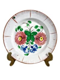 Antique French Decorative Faience Plate Hand Made Painted Blue Red Green White Gold Flowers Ceramic Dish Display DAMAGED c1900’s