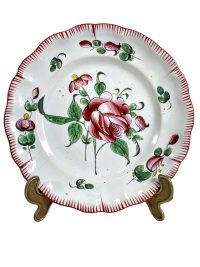 Antique French Decorative Faience Plate Hand Made Painted Blue Red Green White Gold Flowers Ceramic Dish Display DAMAGED c1900’s
