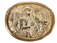 Vintage French Little Red Riding Hood Girl With Wolf Heavy Brass Decorative Hanging Plate Plaque circa 1960's