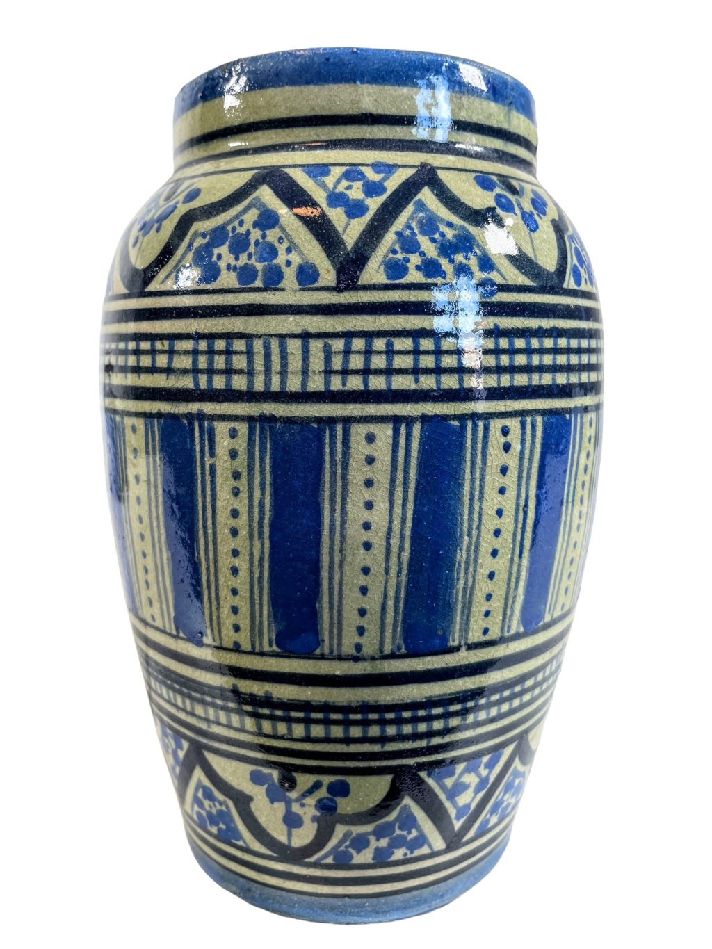 Vintage Moroccan Safi Blue Tones Vase Flask Container Ornament Decor Design Terracotta c1970’s
