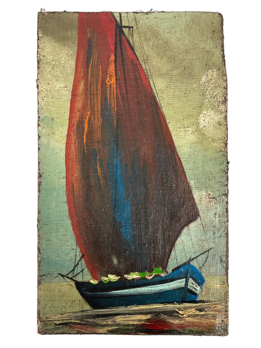 Antique French Sailing Boat “Slower Days” Oil Painting On Wood Board Wall Decor Decoration c1910’s