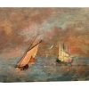 Antique French Sailing Boats "Big Seas" Oil Painting On Wood Board Wall Decor Decoration c1910's