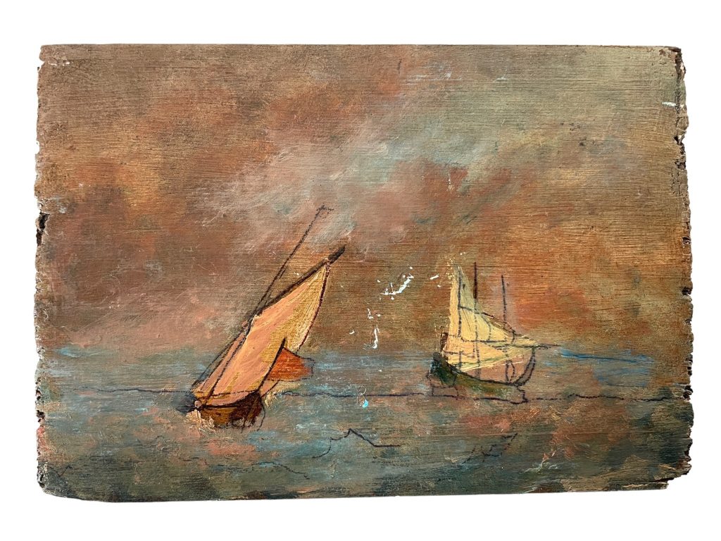 Antique French Sailing Boats “Big Seas” Oil Painting On Wood Board Wall Decor Decoration c1910’s