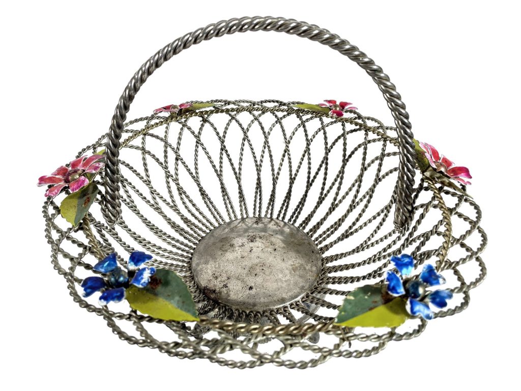 Vintage French Silver Twisted Wire Metal Decorative Flowers Display Basket Bowl Dish Ornament Decorative Container circa 1960-70’s