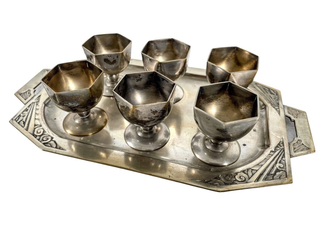 Vintage French Silver Plated Calvados Goblets on Tray Shot Glasses Beakers Cups Drinking Barware circa 1920-30’s