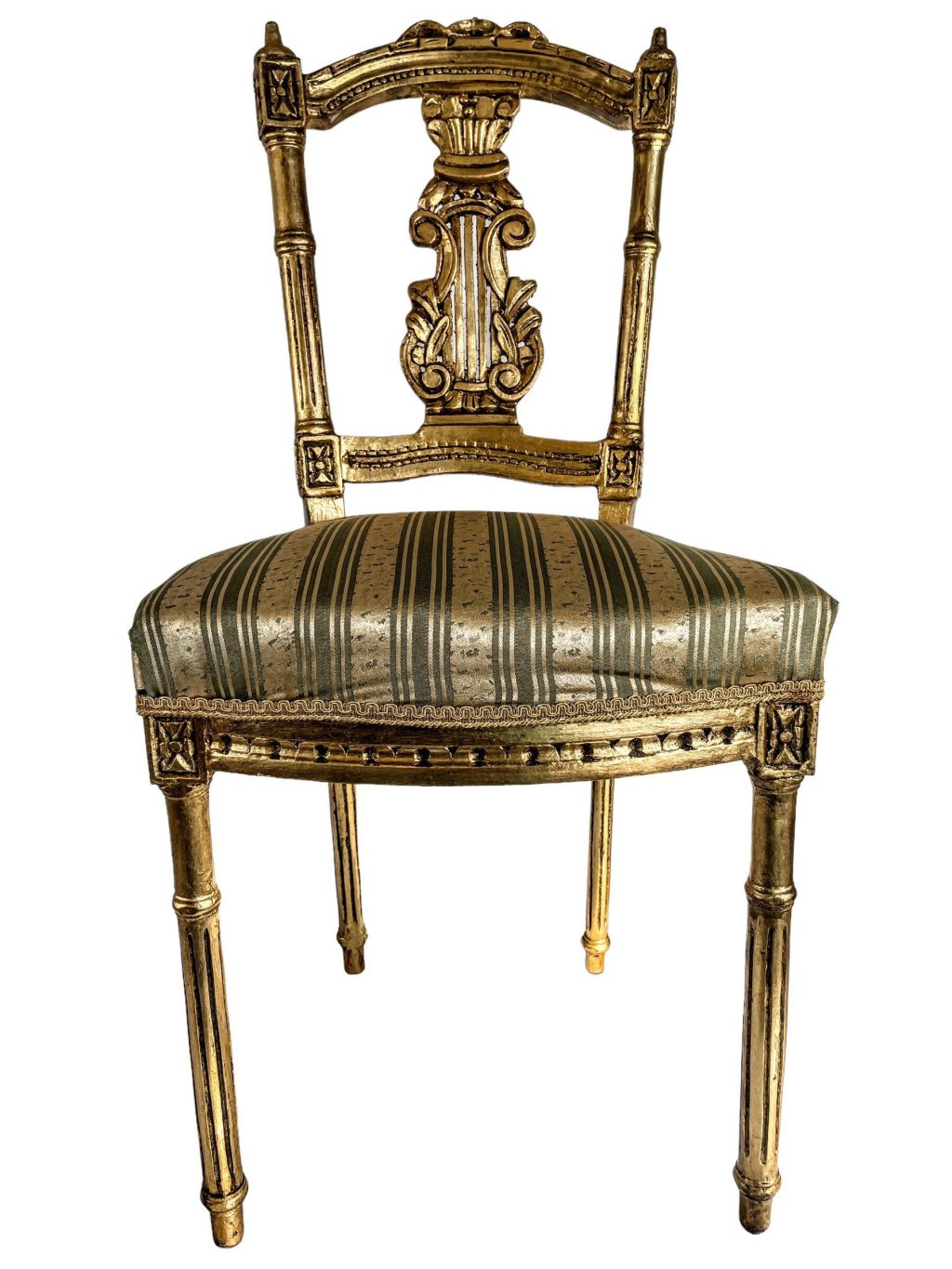 Antique French Louis XIV Gold Leaf Side Accent Harp Chair Wood Rest Plinth Seating Prop Cushioned Refurbished c1800’s