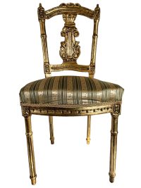 Antique French Louis XIV Gold Leaf Side Accent Harp Chair Wood Rest Plinth Seating Prop Cushioned Refurbished c1800’s 3
