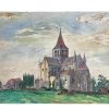 Vintage French Town Church Cathedral Cows Painting Acrylic Trees Countryside On Wood Board Poulain c1964