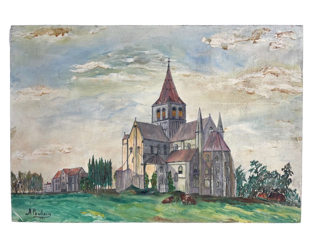 Vintage French Town Church Cathedral Cows Painting Acrylic Trees Countryside On Wood Board Poulain c1964