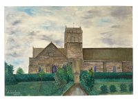 Vintage French Town Church Trees Painting Acrylic Trees Countryside On Wood Board Poulain c1960-70's