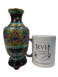 Alternative view of Vintage Chinese Blue Gold Cloisenee Cloisonnee Vase On Wooden Stand enamelled pot urn display decorative c1980-90's