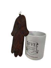 Alternative view of Vintage Moroccan Wall Hanging Hand Of Fatima Silver Metal With Leather Backing Hand Made Decorative Ornament c1980-90's