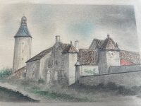 Alternative view of Antique French Pencil Drawing Rural Rustic Architecture Buildings House Tower Study Art Wall Decor c1900's