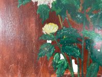 Alternative view of Vintage French Still Life White Flowers In Flower Pot On Wood Board Painting Acrylic c1970's