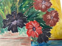 Alternative view of Vintage French Still Life Red Purple Flowers Ashtray Cigarette On Wood Board Painting Acrylic c1970's