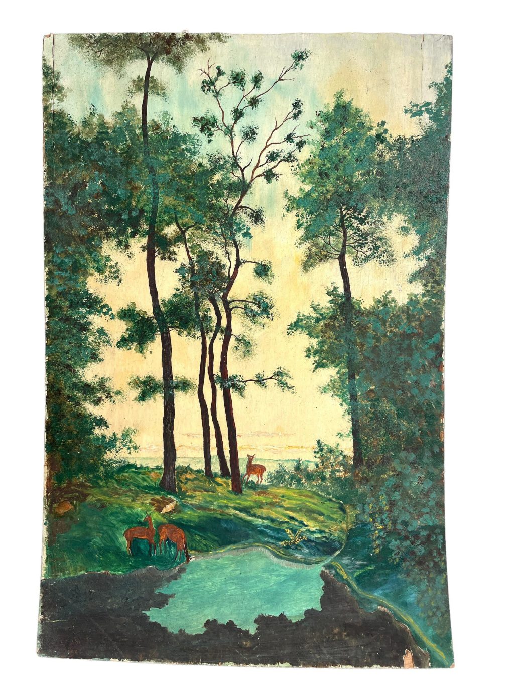 Vintage French River Stream Sheep Painting Oil Acrylic Normandy Brittany On Wood Board c1960-70's